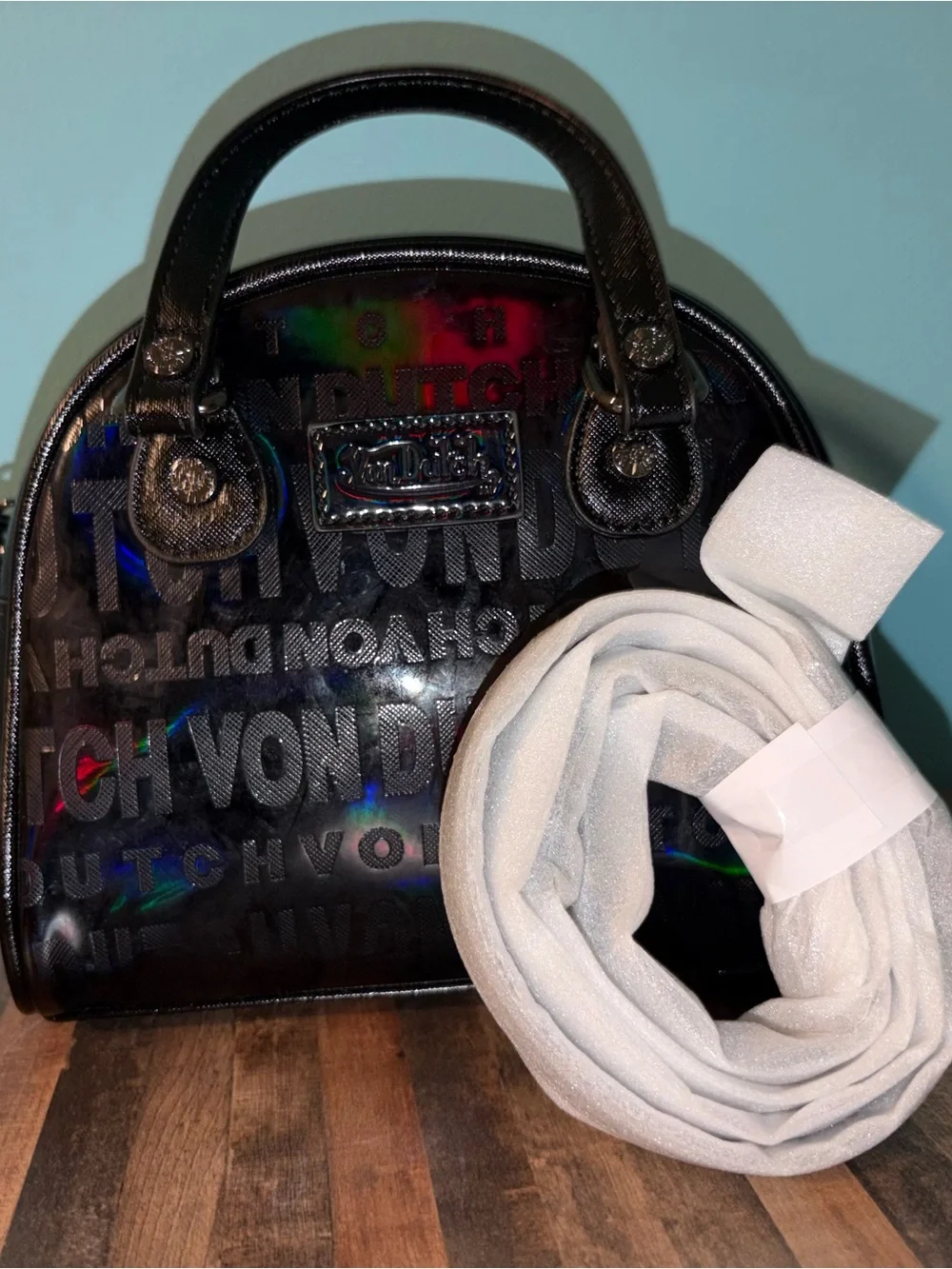 Von Dutch Black Holographic Onyx Logo Bowling Bag Detachable Strap NWOT